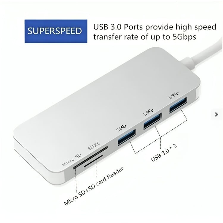 GENÉRICO ADAPTADOR TYPE C TIPO C 3 X USB 3.0, TF, MICRO SD 5EN1