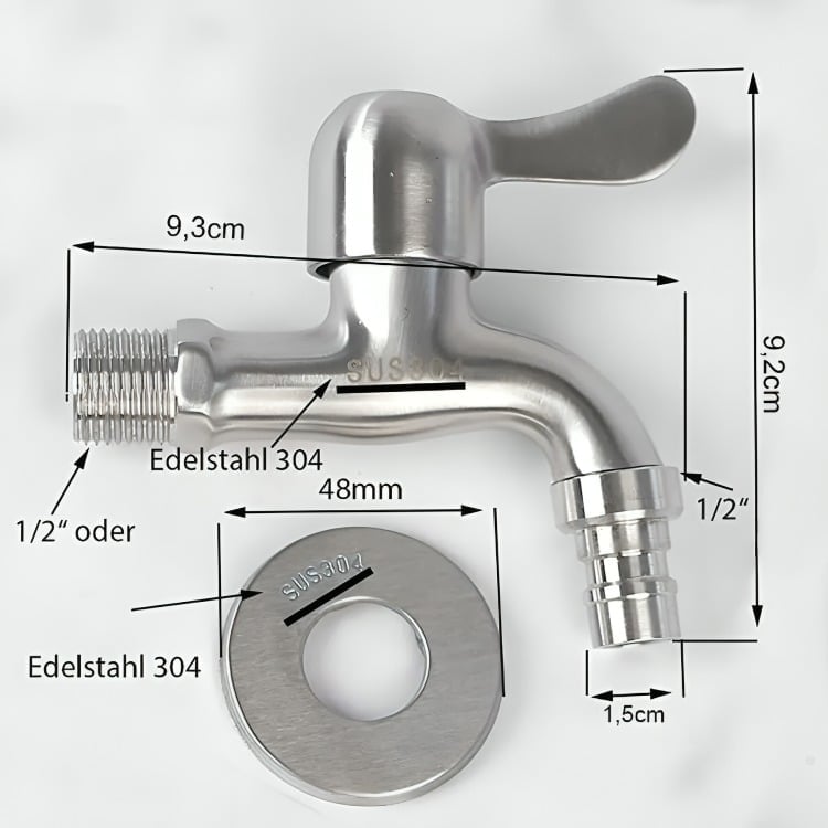 GRIFO DE ACERO INOXIDABLE, LLAVE DE PASO 1/2 - 3