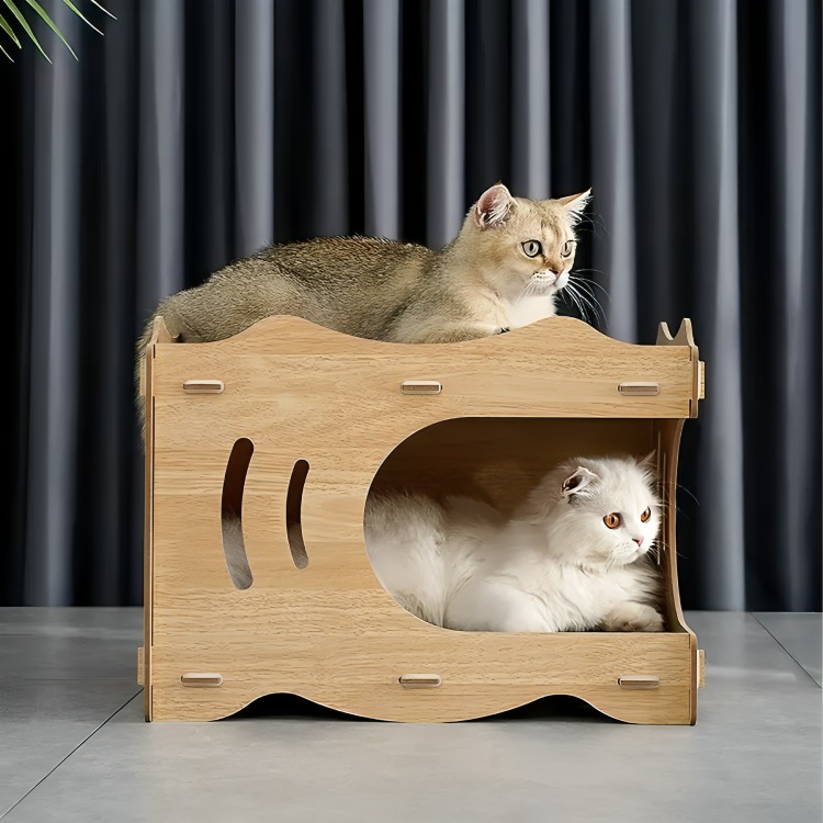 CAMA CASA DE MADERA PARA GATOS CON RASCADOR INTERNO - 1