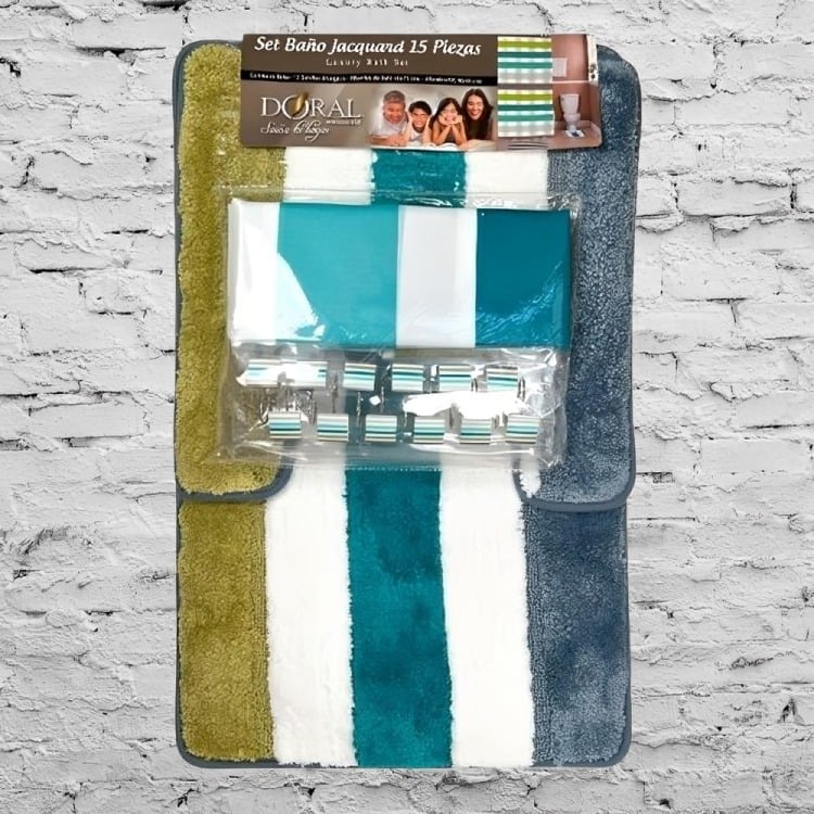 SET DE BAÑO 15PCS  FRANJAS PETRÓLEO VERDE AZUL – DORAL - 1