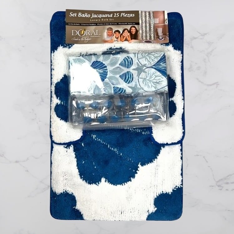 SET DE BAÑO 15PCS JACQUARD / MARINO AZUL EN COLOR BLANCO – DORAL - 2