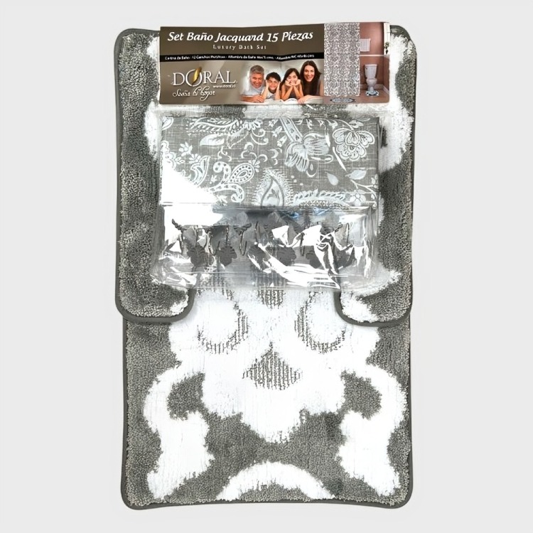 SET DE BAÑO 15PCS JACQUARD / FLORES GRIS EN COLOR BLANCO – DORAL - 1