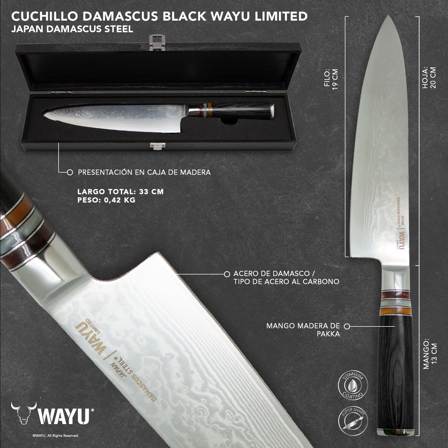 CUCHILLO DAMASCUS BLACK PAKKA WAYU LIMITED - 3