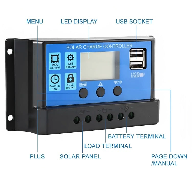REGULADOR DE CARGA SOLAR DIGITAL 12V 24V 60A 2USB - 2