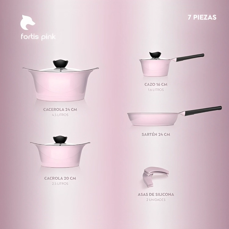 BATERIA COCINA ALUMINIO FUNDIDO 7 PIEZAS FORTIS PINK - 5