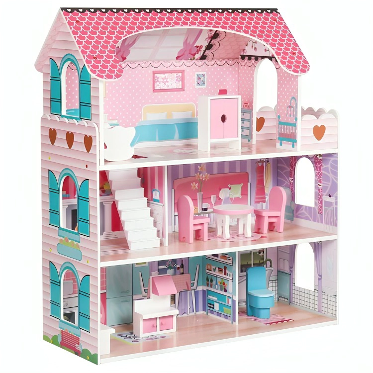 CASA DE MUÑECAS CLASICA DE MADERA ROSADA CON ACCESORIOS - 3