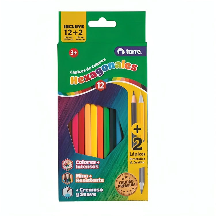 PACK 3 LAPICES 12 COLORES HEXAGONALES + 1 GRAFITO + 1 METALICO – TORRE - 3