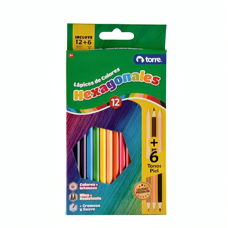 PACK 3 LAPICES DE COLORES HEXAGONALES 12 UNIDADES + 6 TONOS PIEL – TORRE - 1
