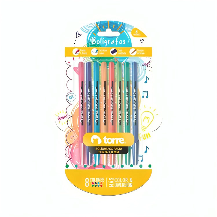 PACK 2 DE SET 8 BOLIGRAFOS 1.0MM COLOR FUN BLISTER – TORRE - 1