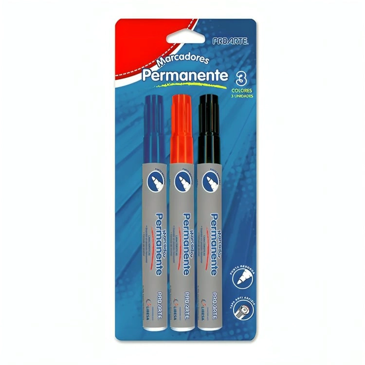 PACK 2  DE SET 3 PLUMONES PERMANENTE / NEGRO AZUL ROJO – PROARTE - 2