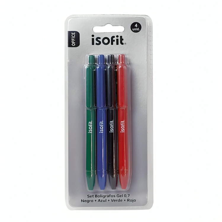 PACK 2 BLISTER BOLIGRAFOS GEL 4 UNIDADES AZ/NE/RO/VE – ISOFIT - 1
