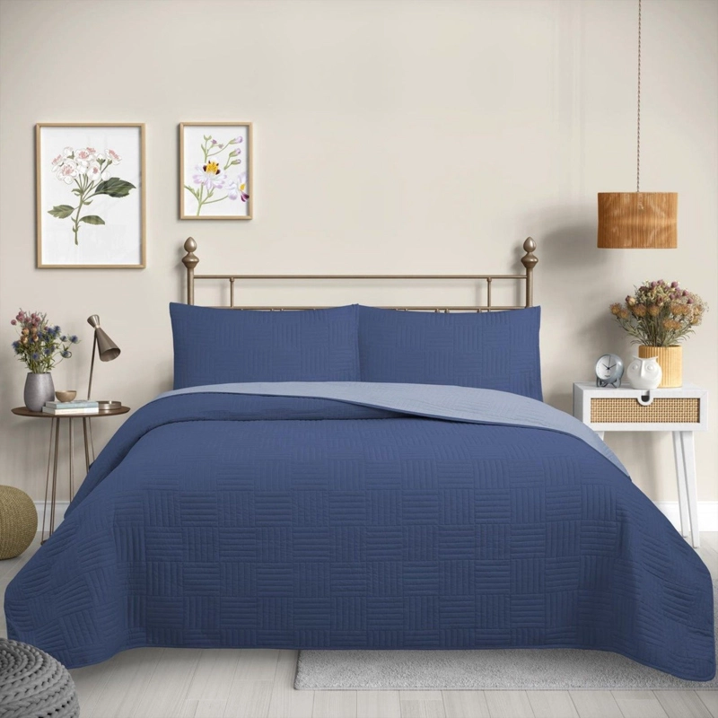 CUBRECAMA QUILT REVERSIBLE 2 PLAZA COLOR AZUL TRAMA COLLECTION - 1