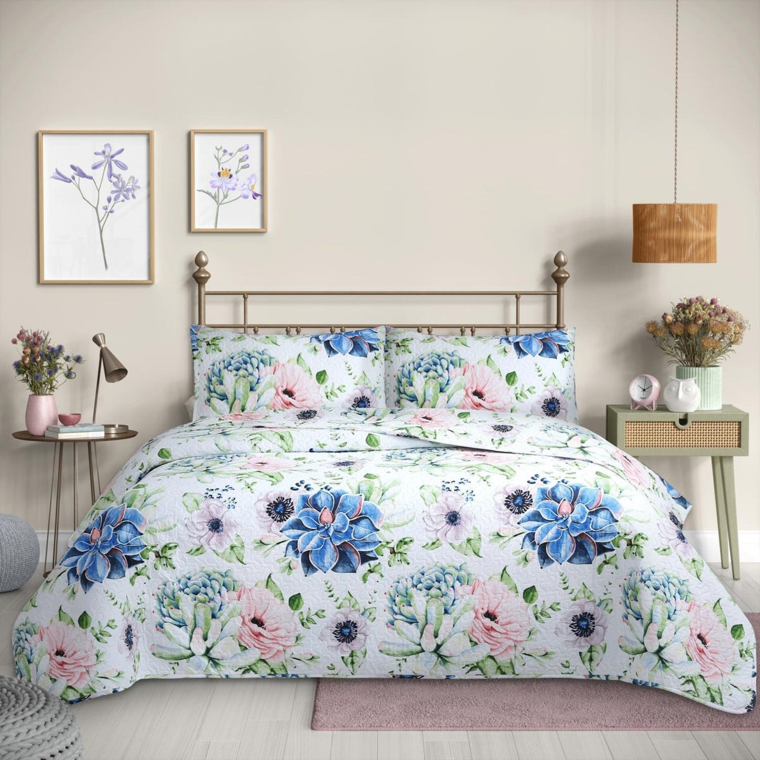 CUBRECAMA QUILT REVERSIBLE 1,5 PLAZAS ESTAMPADO SUCULENTA - FLOWERS COLLECTION MARTINE - 1