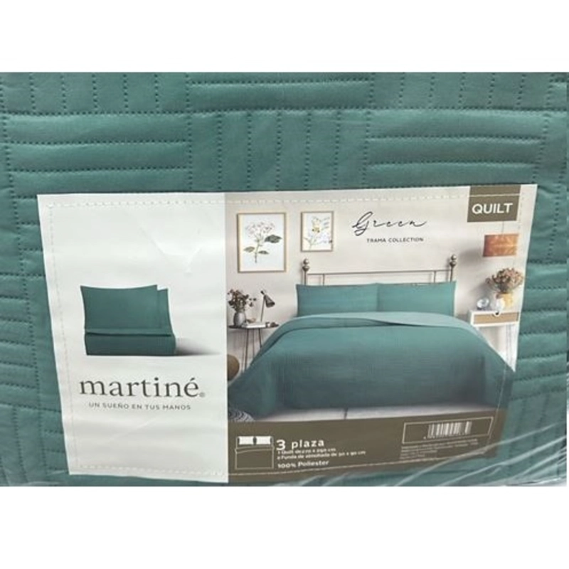 CUBRECAMA QUILT REVERSIBLE 3 PLAZAS COLOR VERDE TRAMA COLLECTION - 1