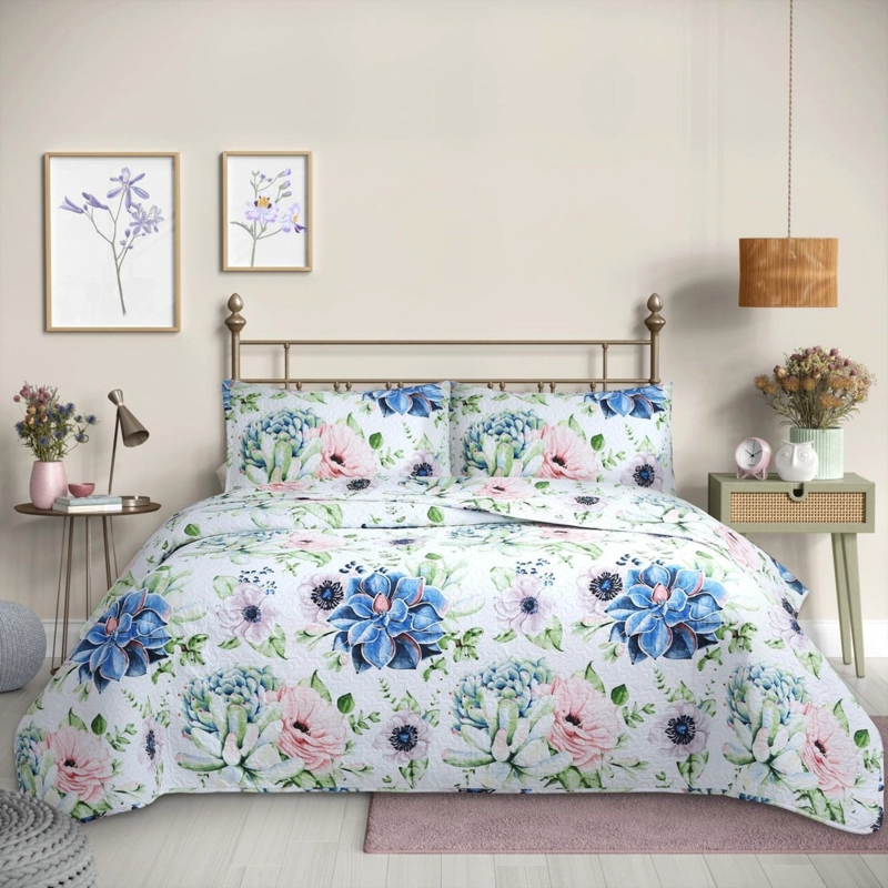 CUBRECAMA QUILT REVERSIBLE QUEEN 220 X 240 CM ESTAMPADO SUCULENTA - FLOWERS COLLECTION MARTINE - 1