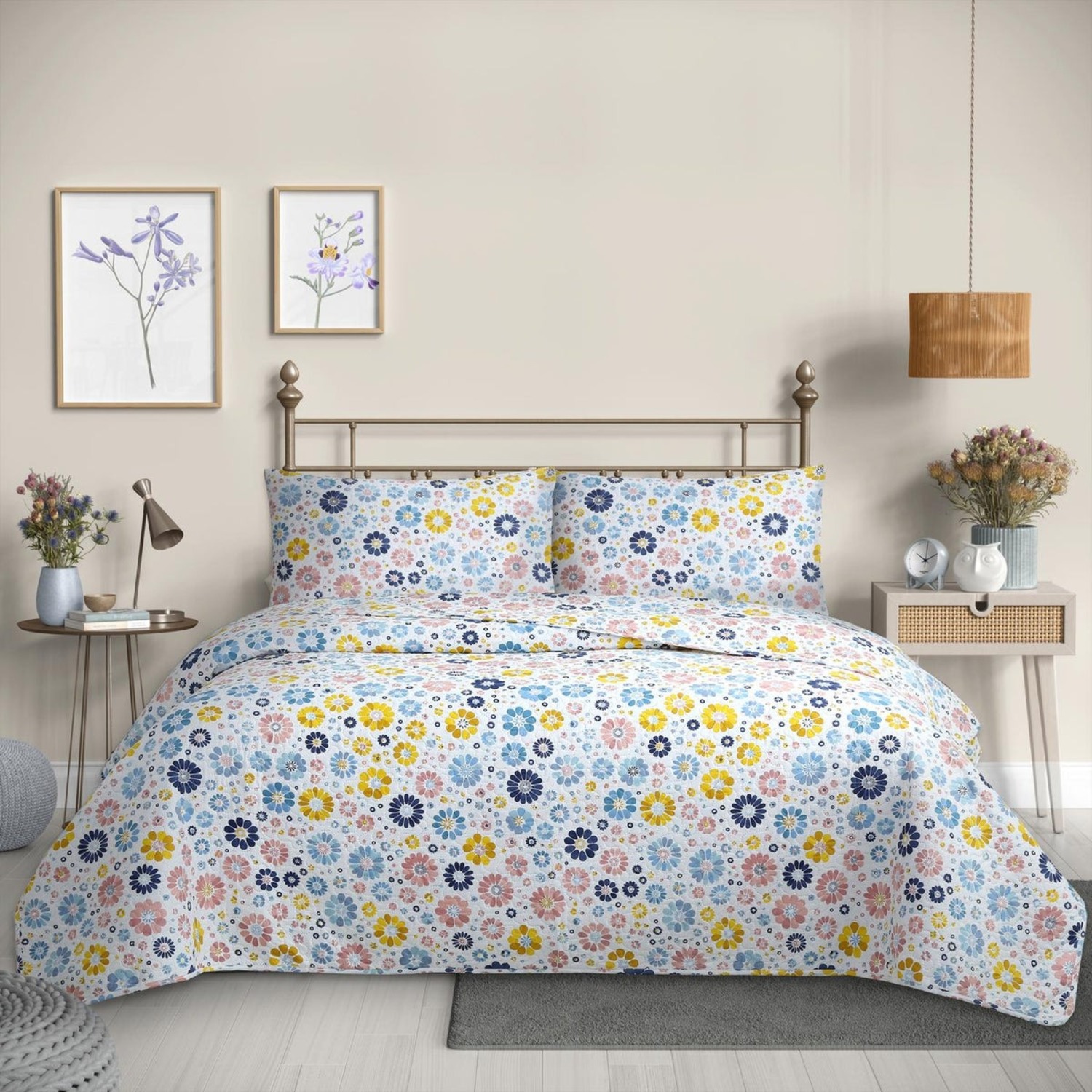CUBRECAMA QUILT REVERSIBLE 1,5 PLAZA S 170 X 240 CM ESTAMPADO ARCOIRIS - FLOWERS COLLECTION MARTINE - 1