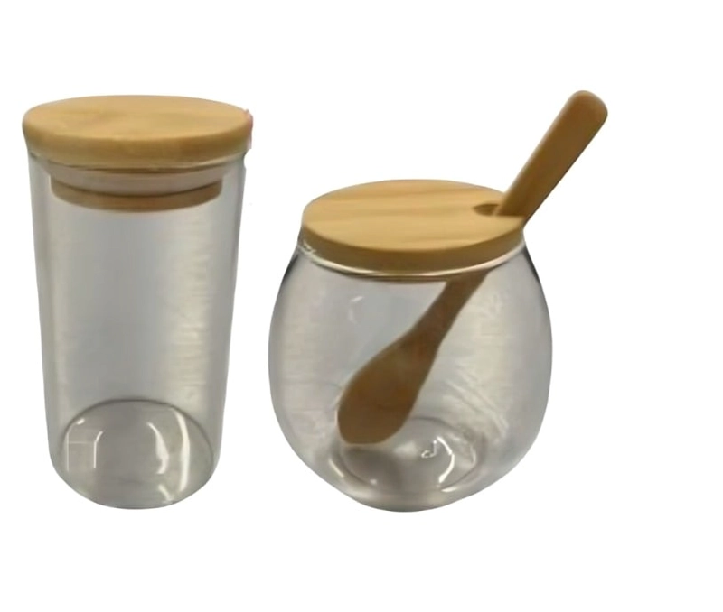 SET CONDIMENTERO DE VIDRIO CON BASE DE MADERA Y CUCHARAS - 1