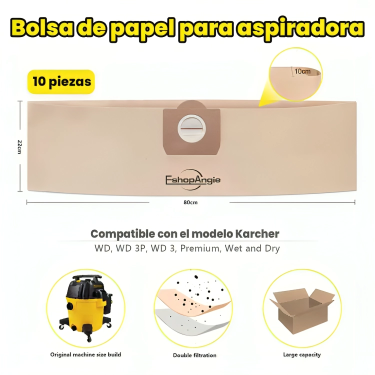 SET 10 BOLSAS PAPEL ASPIRADORA KARCHER WD3 MV3 SE4001 NT20 - 2