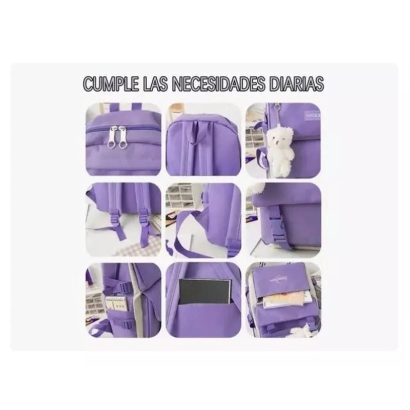 MOCHILA URBANA ESCOLAR VIAJE ESTILO COREANO 4 PIEZAS LILA - 3
