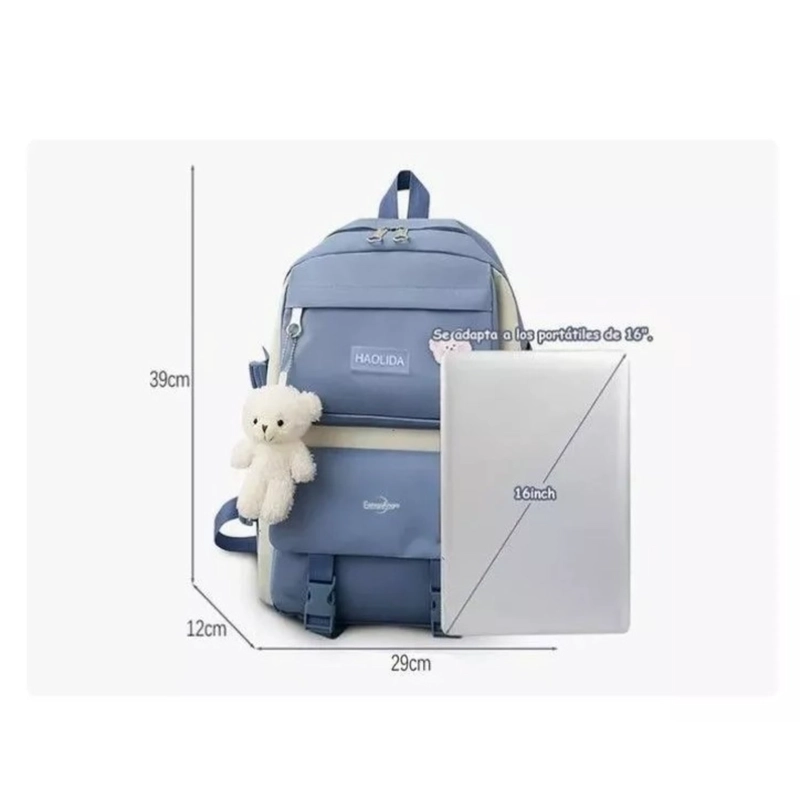MOCHILA URBANA ESCOLAR VIAJE ESTILO COREANO 4 PIEZAS AZUL - 3