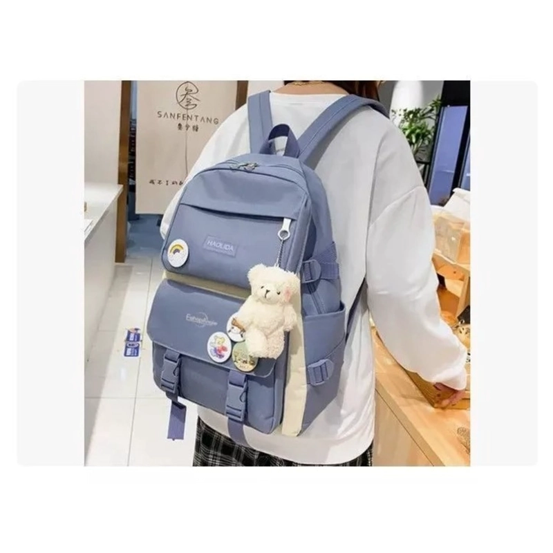 MOCHILA URBANA ESCOLAR VIAJE ESTILO COREANO 4 PIEZAS AZUL - 4