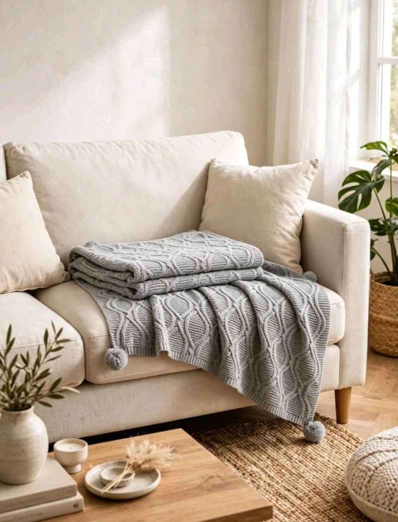 MANTA DECORATIVA SILLON UNISEX MARCA ALGODON CON POMPONES - 1