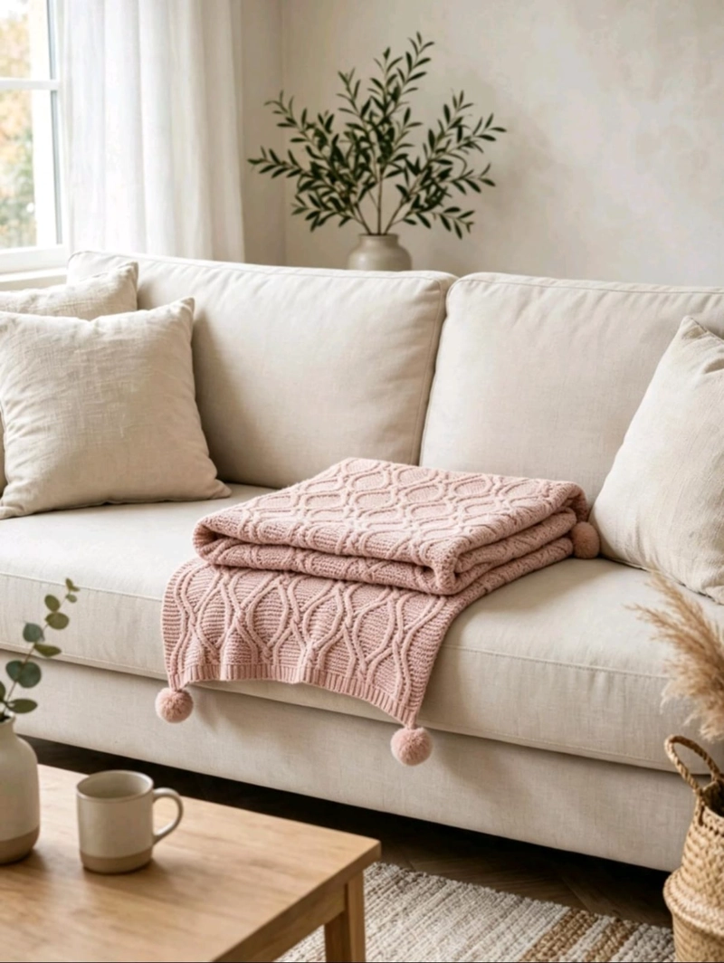MANTA DECORATIVA SILLON UNISEX MARCA ALGODON CON POMPONES - 1