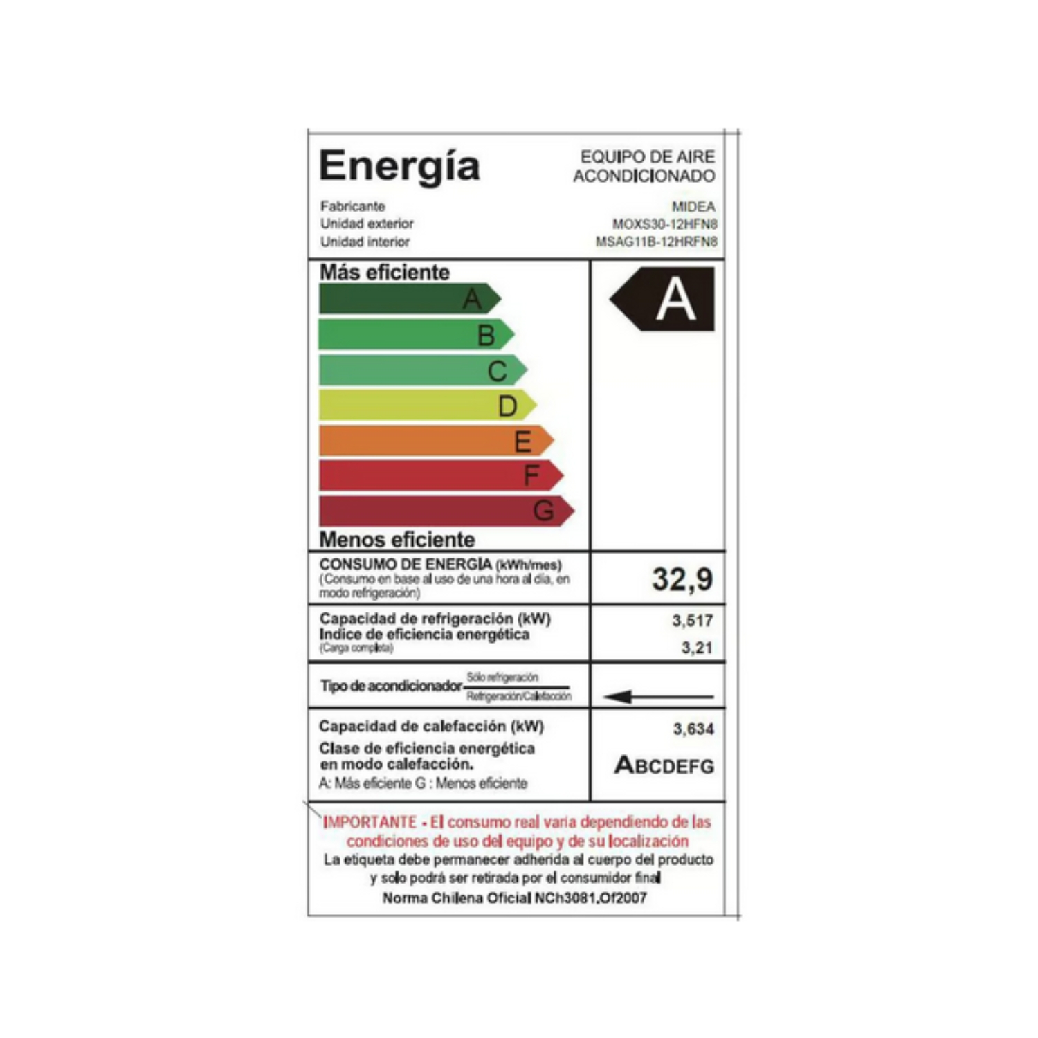 AIRE ACONDICIONADO SPLIT MURO 12000BTU INVERTER MIDEA XTRA - 3
