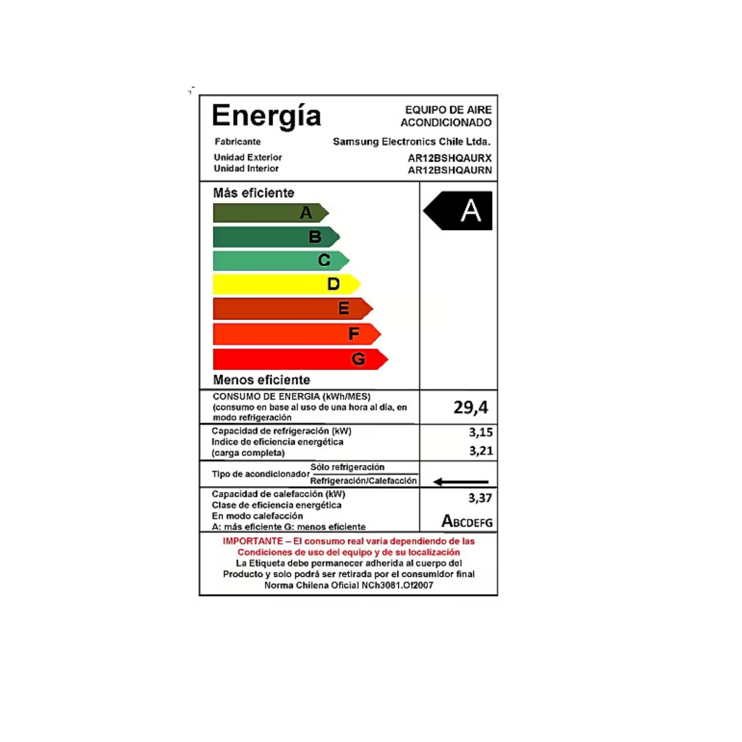 AIRE ACONDICIONADO SPLIT 12000BTU MURO INVERTER ENTRY SAMSUNG - 3