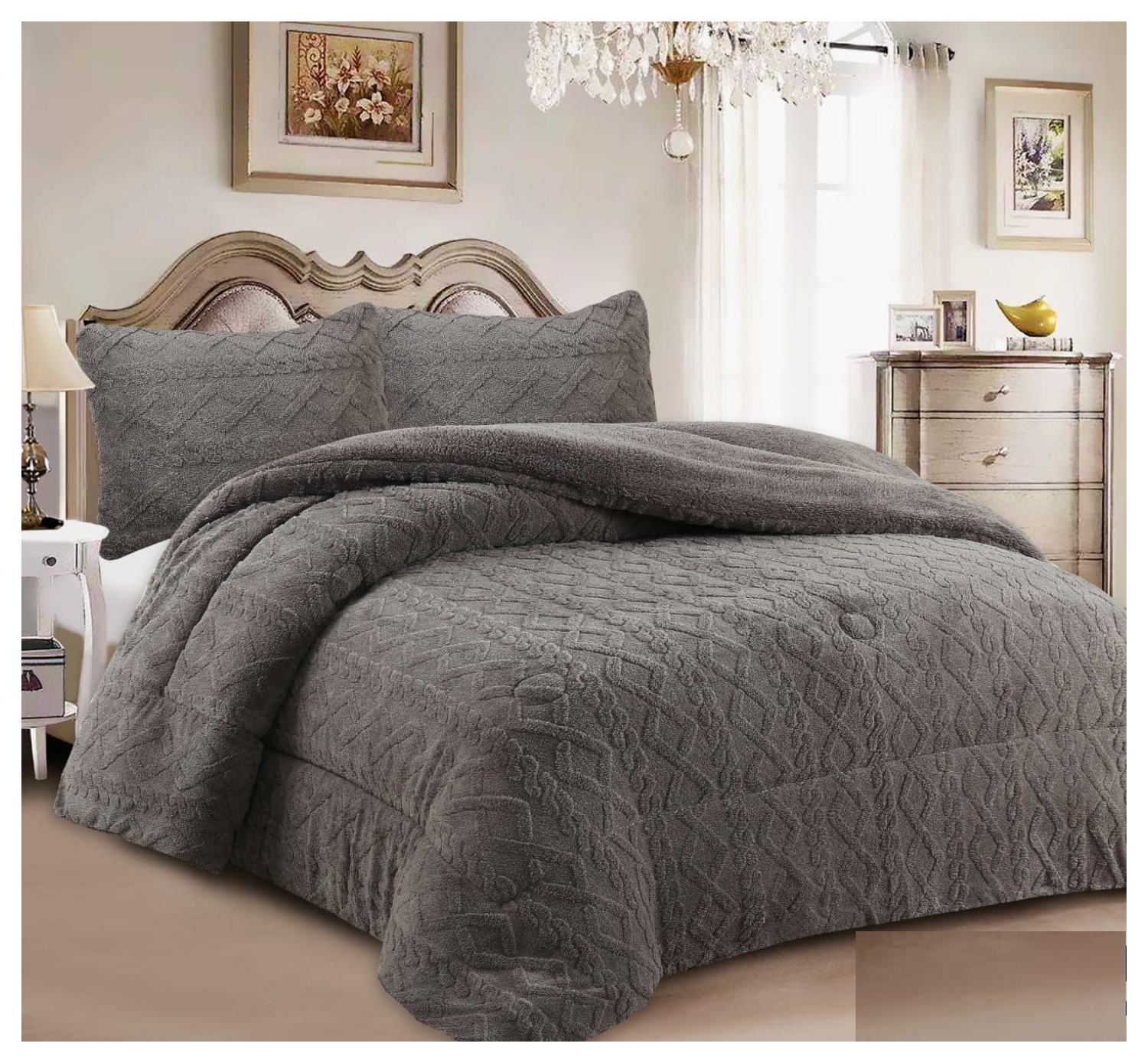 COBERTOR TRENZADO GRIS OSCURO CON CHIPORRO KING 240X260 - 1