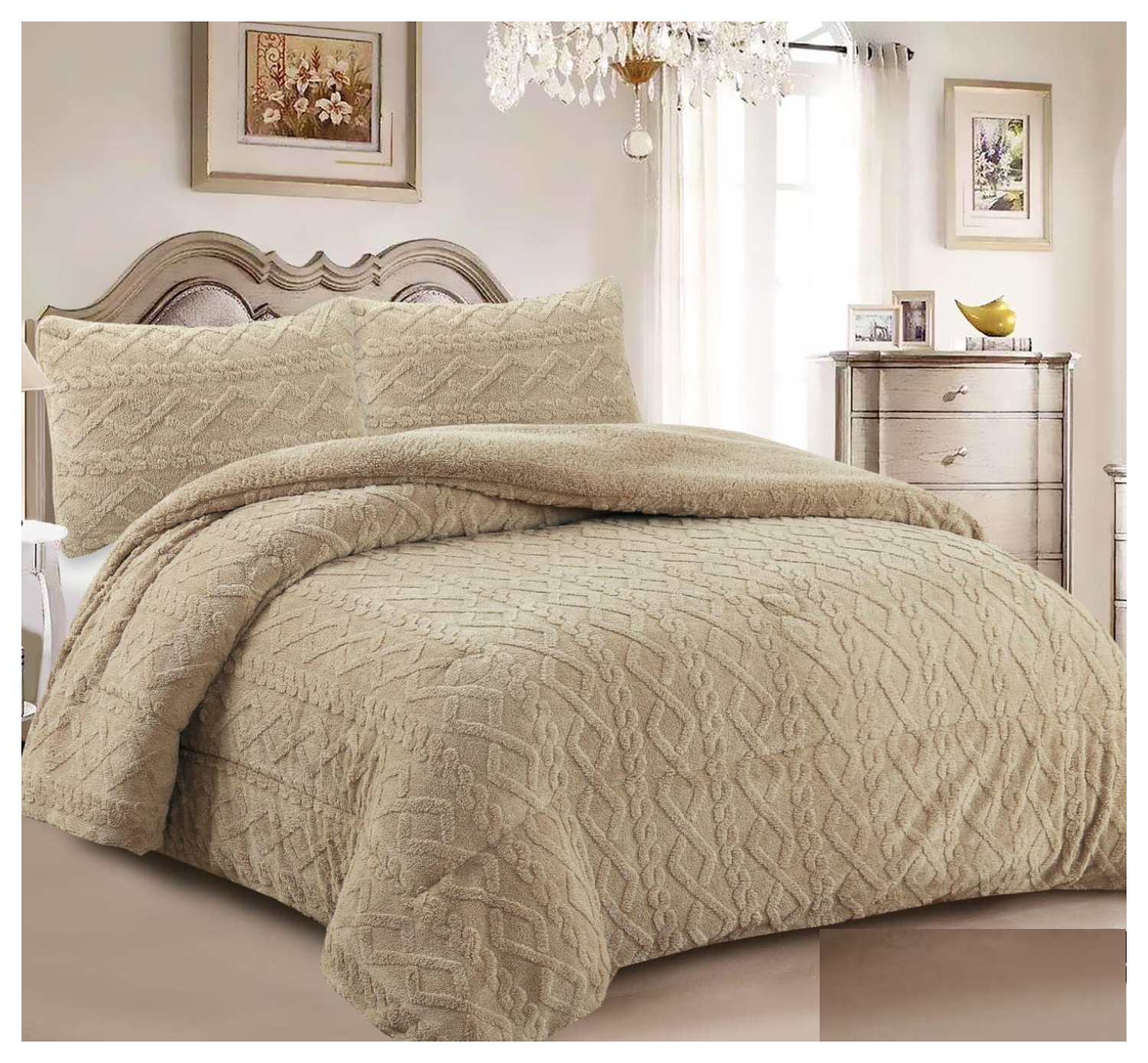 COBERTOR TRENZADO BEIGE CON CHIPORRO KING 240X260 - 1