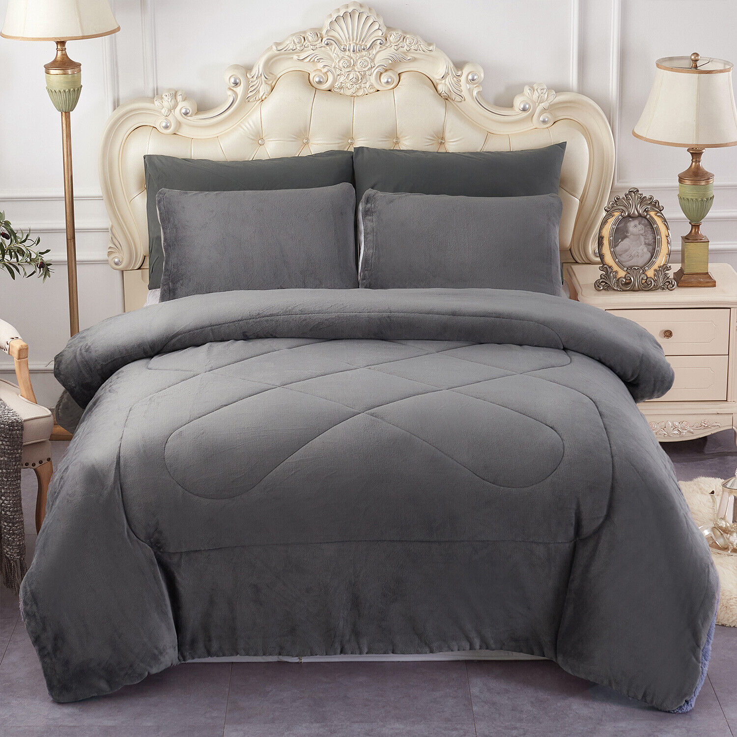 COBERTOR PLUSH KING GRIS CON CHIPORRO DIANA - 1