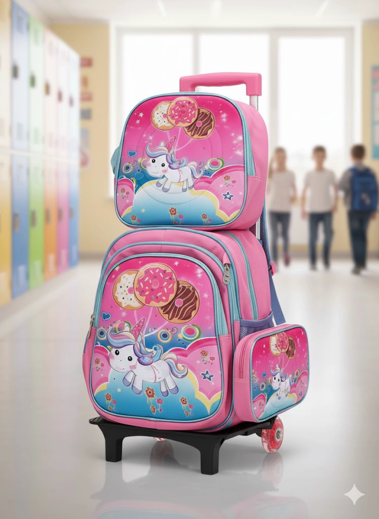 MOCHILA ESCOLAR PARA NIÑA MARIPOSAS TRES PIEZAS CON LONCHERA Y ESTUCHE RUEDA Y TIENE LUCES WM - 1