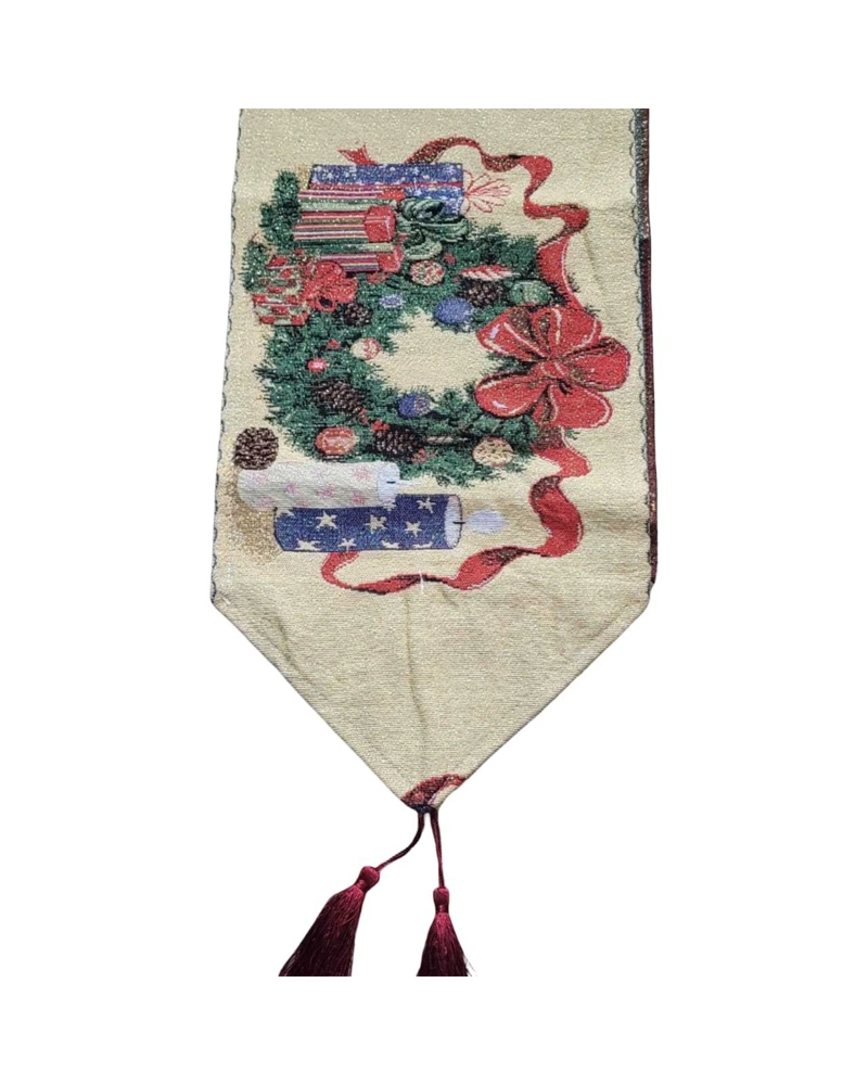 CAMINO DE MESA DE NAVIDAD BEIGE CON BORLAS DECORATIVAS 30X180CM - 1