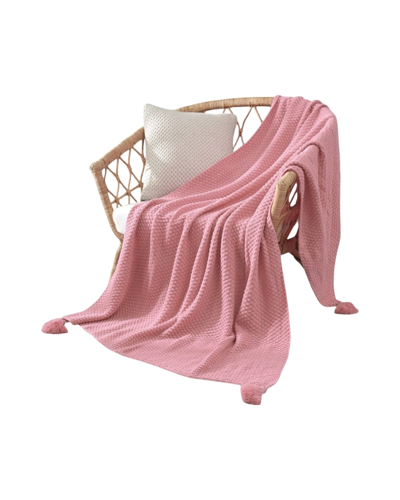 MANTA PARA SOFA O PIECERA TEJIDA DECORATIVA CON BORLAS 130X150CM ROSADO - 1