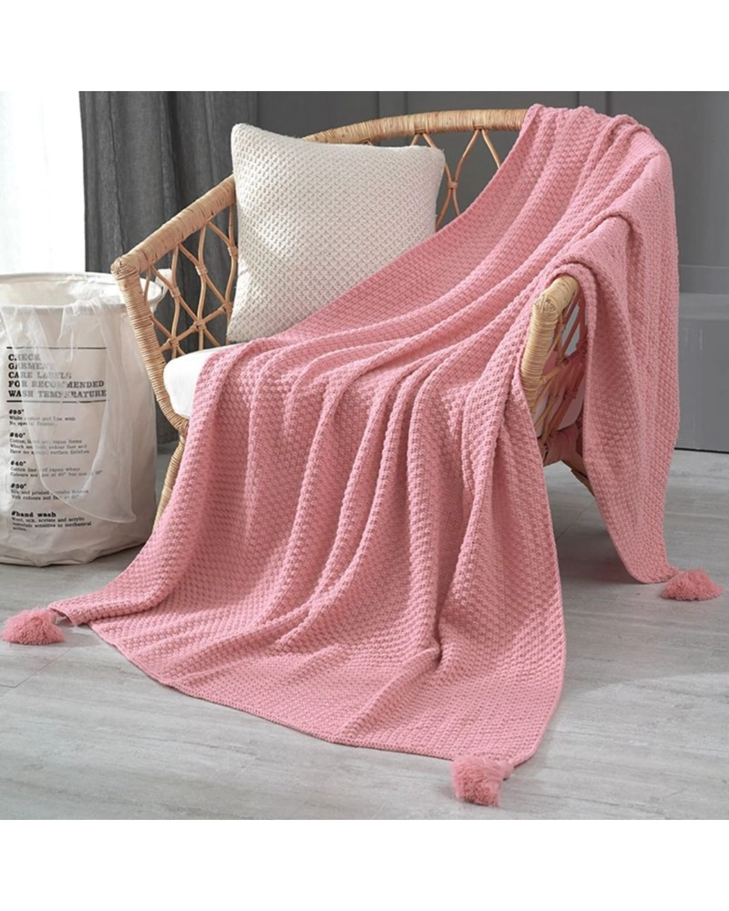 MANTA PARA SOFA O PIECERA TEJIDA DECORATIVA CON BORLAS 130X150CM ROSADO - 2