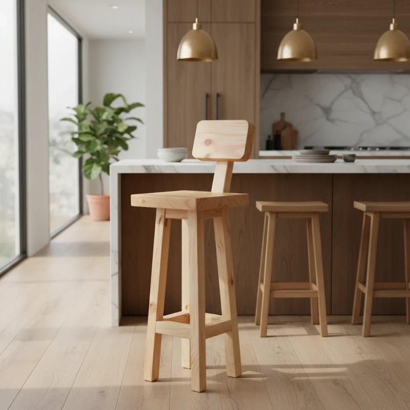 PISO O TABURETE MAPU, DE MADERA CON RESPALDO PARA BAR O COCINA VITRIFICADO - 2