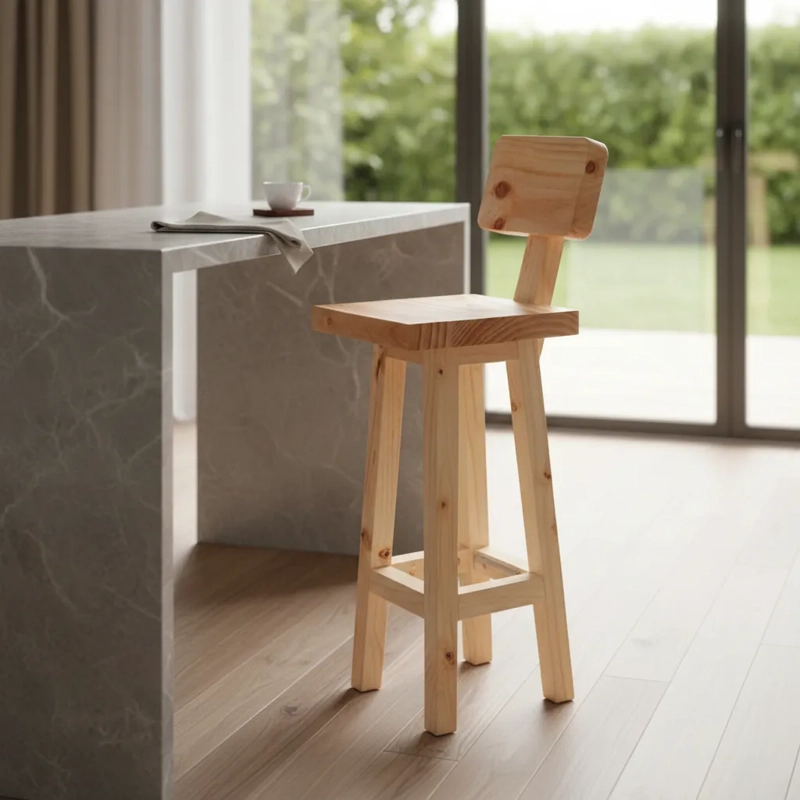 PISO O TABURETE MAPU, DE MADERA CON RESPALDO PARA BAR O COCINA VITRIFICADO - 3