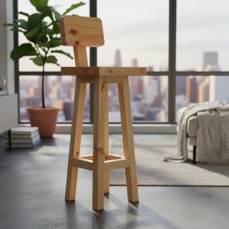 PISO O TABURETE MAPU, DE MADERA CON RESPALDO PARA BAR O COCINA VITRIFICADO - 4