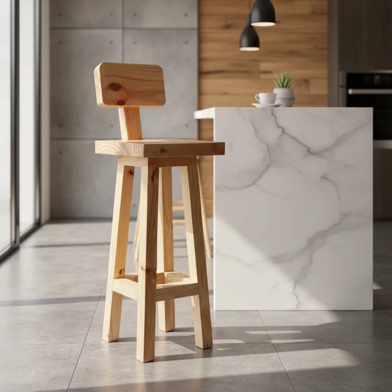 PISO O TABURETE MAPU, DE MADERA CON RESPALDO PARA BAR O COCINA VITRIFICADO - 5