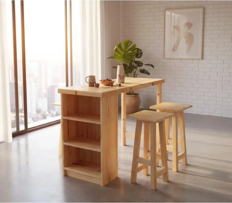 Mesa Isla Desayunador Modelo Kawell Madera Maciza + 2 taburetes - 1