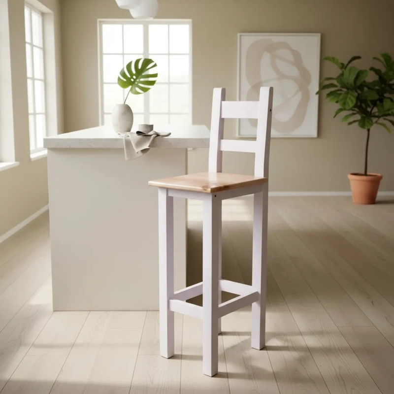 TABURETE BANCO MADERA BLANCO CON RESPALDO CUBIERTA CUADRADA PINTURA MODELO KÜME ANTÜ - 1