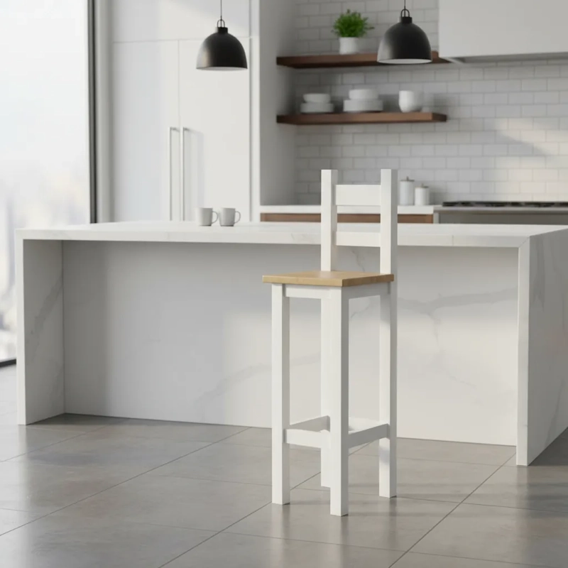 TABURETE BANCO MADERA BLANCO CON RESPALDO CUBIERTA CUADRADA PINTURA MODELO KÜME ANTÜ - 2