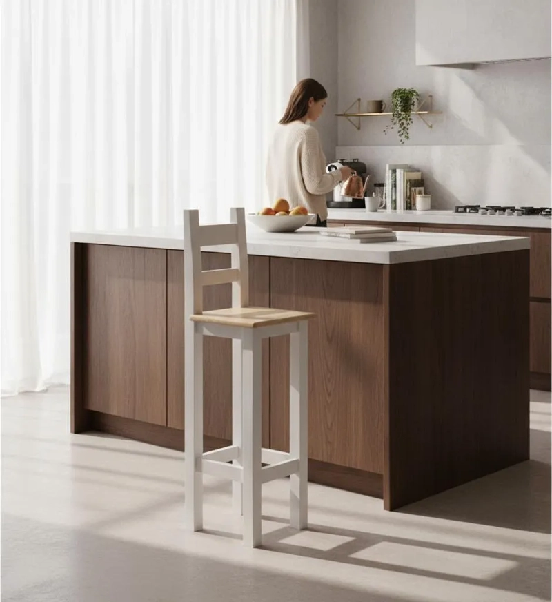 TABURETE BANCO MADERA BLANCO CON RESPALDO CUBIERTA CUADRADA PINTURA MODELO KÜME ANTÜ - 3