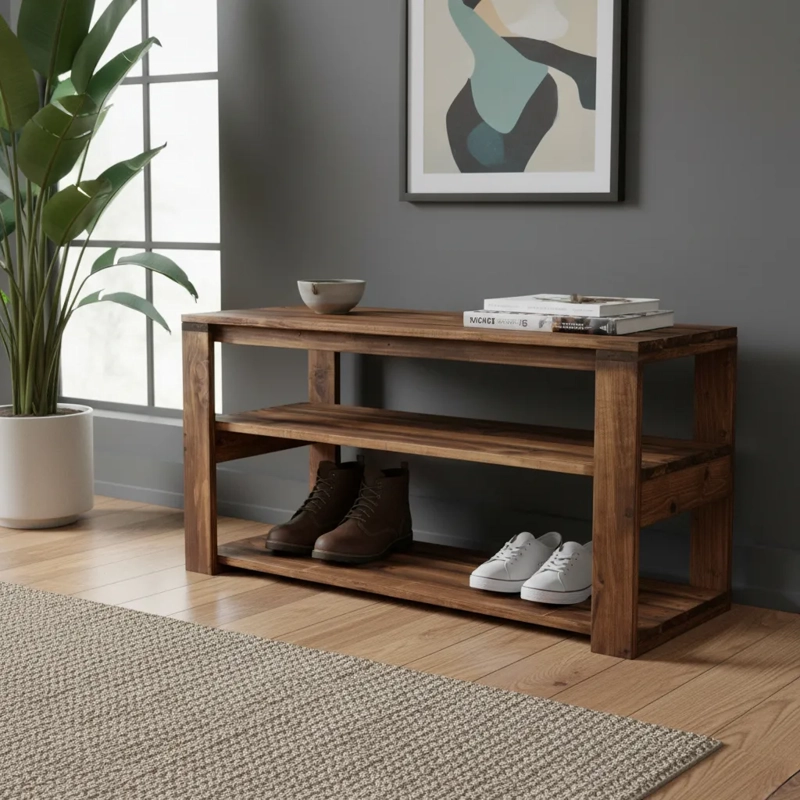 BANCA CON ZAPATERO RUSTICO DE MADERA NOGAL - 2