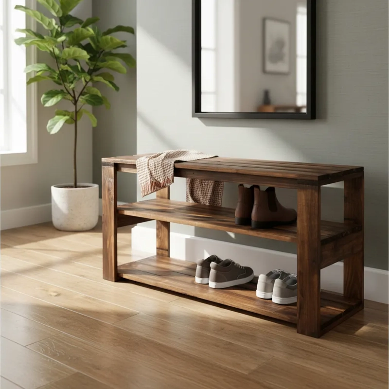 BANCA CON ZAPATERO RUSTICO DE MADERA NOGAL - 3