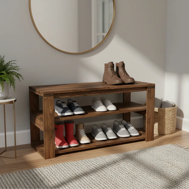 BANCA CON ZAPATERO RUSTICO DE MADERA NOGAL - 4