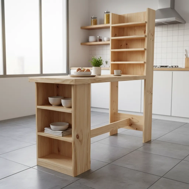 MESON DE MADERA KAWELL CON DOBLE REPISA PARA COCINA - 1
