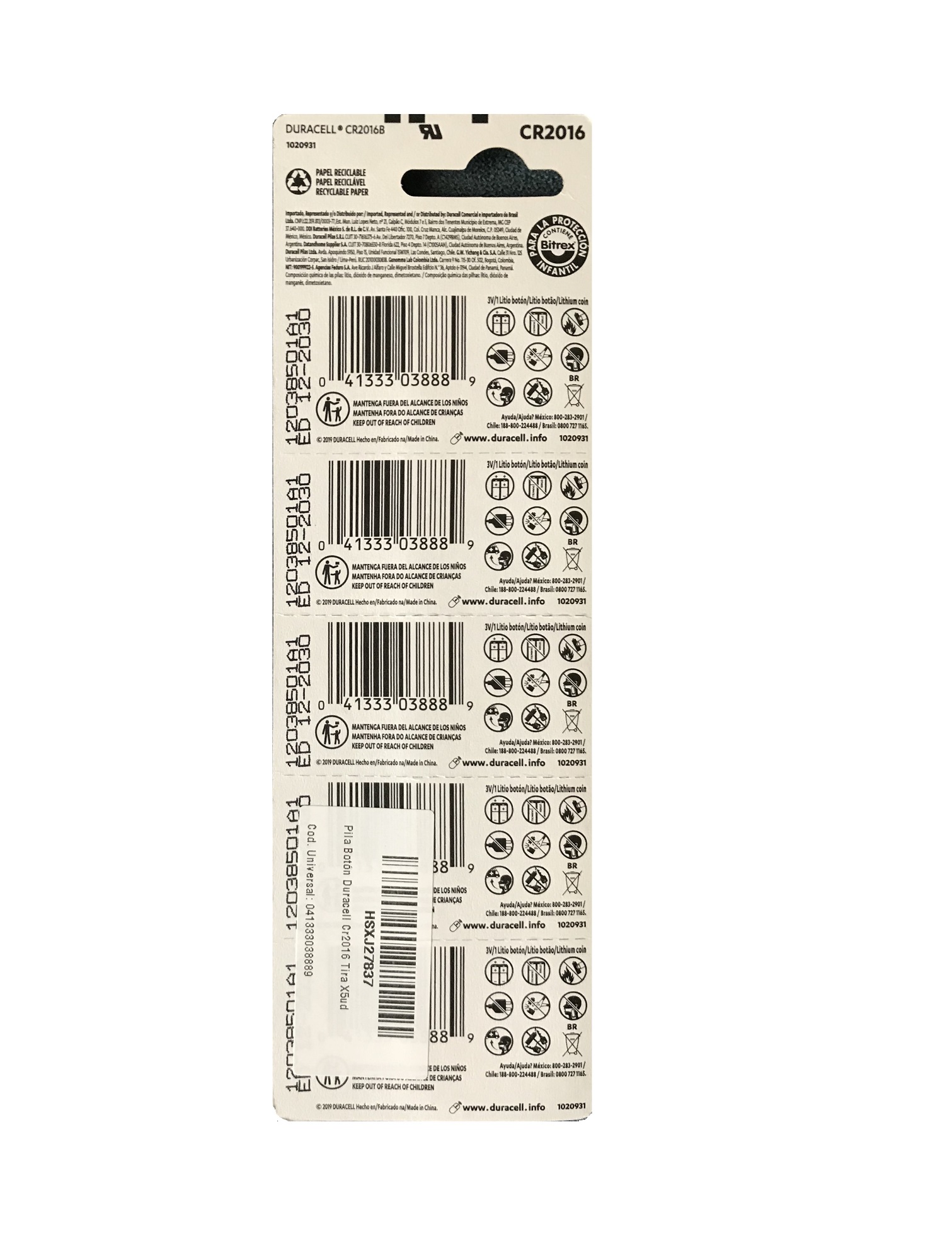 PILA CR2016 DE BOTON DURACELL 5 UNIDADES - 3
