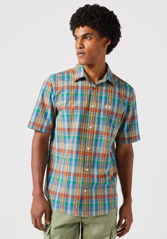 CAMISA REGULAR FIT 1 POCKET PLAID SS CELESTE - 1
